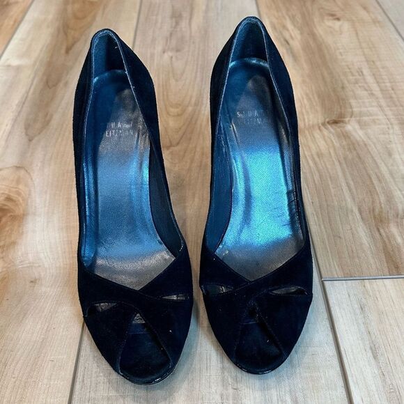 Stuart Weitzman Black Suede Heels Peep Toe Criss Cross Size 7.5 - Picture 4 of 16